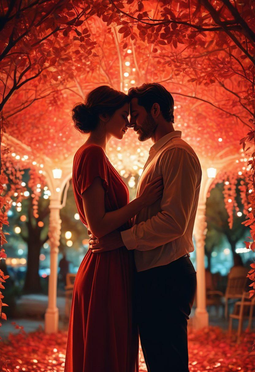 A warm, intimate scene of a couple embracing under a canopy of soft, glowing red lights, symbolizing passion and devotion. Surround them with personal touches like love letters and shared mementos that represent their journey. Include soft textures and a cozy atmosphere, emphasizing emotional connection and nurturing. The background can feature blurred silhouettes of leaves, enhancing the feeling of closeness. super-realistic. warm tones. soft focus.