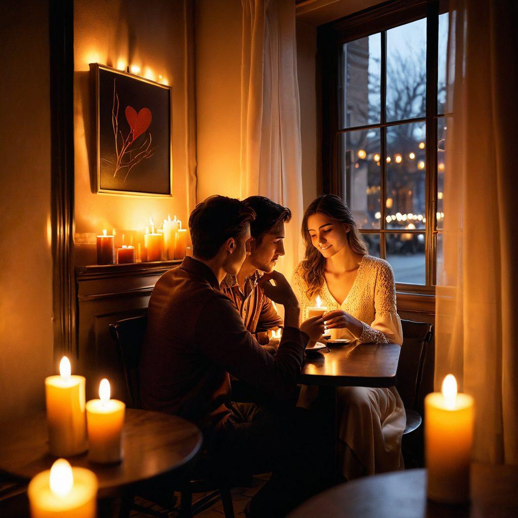 A romantic scene set in a cozy, dimly lit café where a couple shares a moment over candlelight, surrounded by warm colors. Their eyes reflect passion and connection, with a soft glow emanating from an unlit match in the man's hand, symbolizing the igniting of love. In the background, faint silhouettes of hearts intertwined, creating a whimsical atmosphere. super-realistic. warm tones. soft focus.